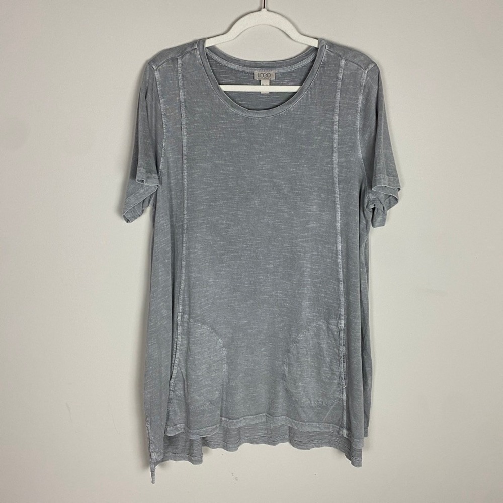 LOGO Lori Goldstein Shonda Top Womens XL Acid Wash Slub Knit Pockets Lagenlook